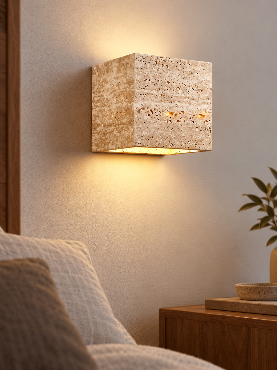 Travertine Block Wall Sconce, B form, warm light on – image 6