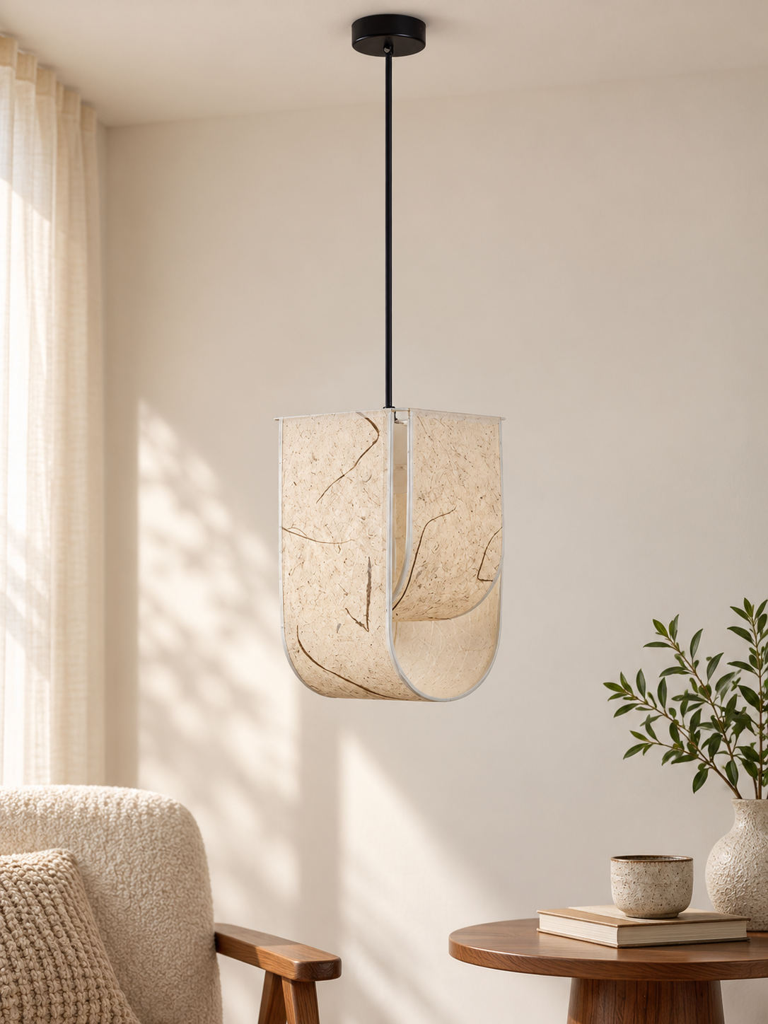 Textured Rice Paper Pendant Light W30173, shown unlit – image 1