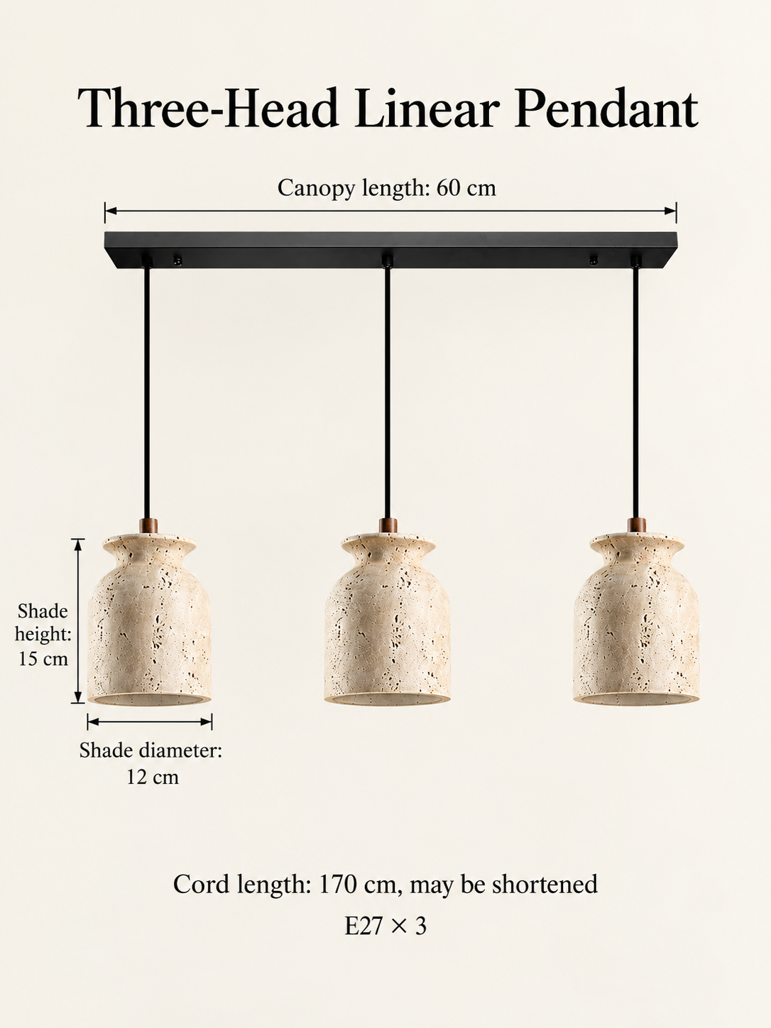 Three-head linear pendant dimensions, lights off — model 60780