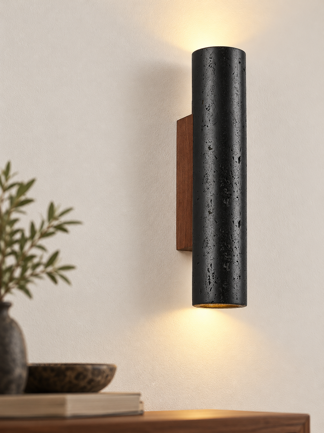 Black Travertine Cylinder Wall Sconce, warm light on – image 5