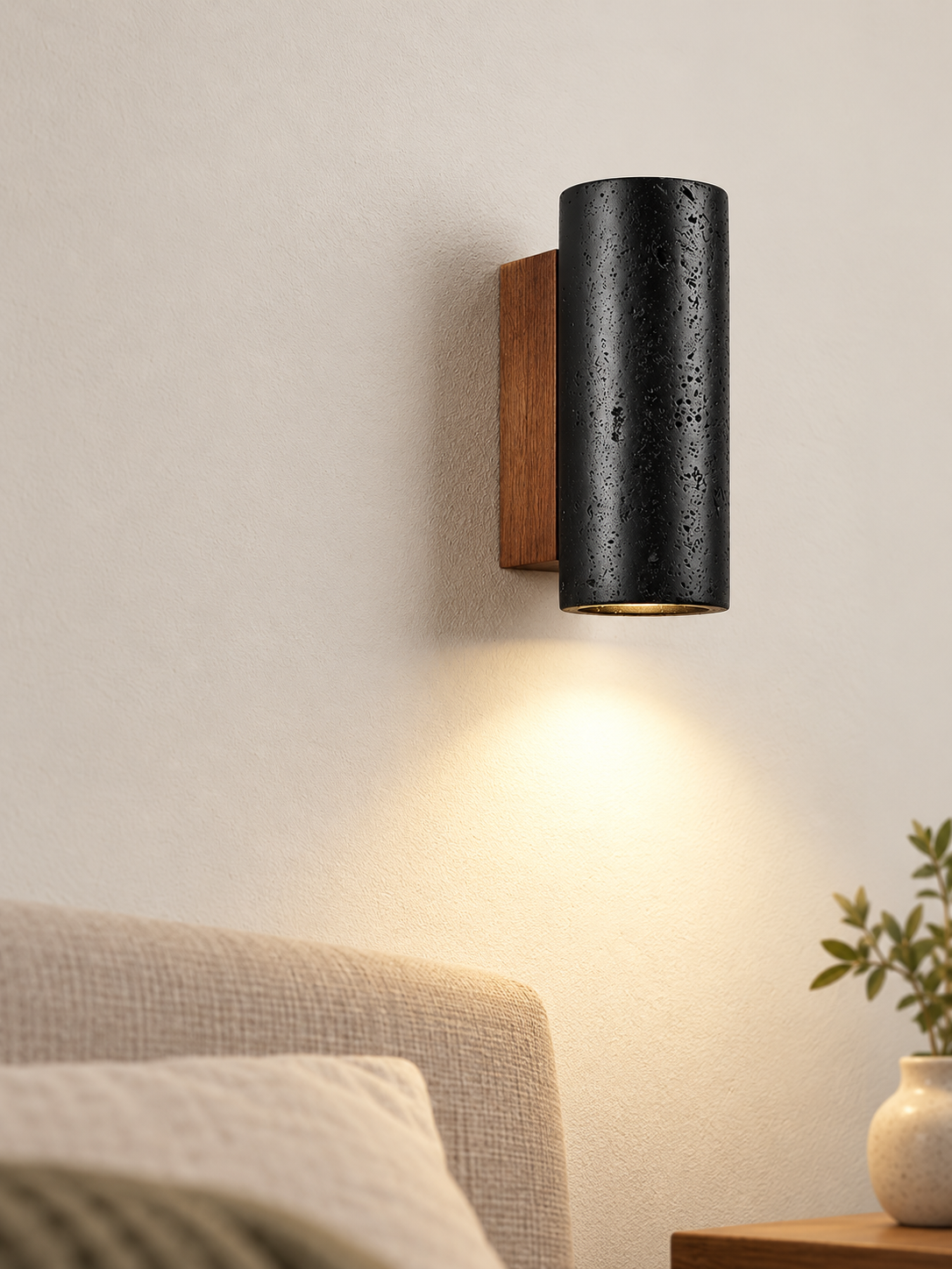 Black Travertine Cylinder Wall Sconce, warm light on – image 6