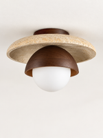 Travertine and Wood Globe Ceiling Light, natural travertine and dark brown wood, shown unlit, image 1