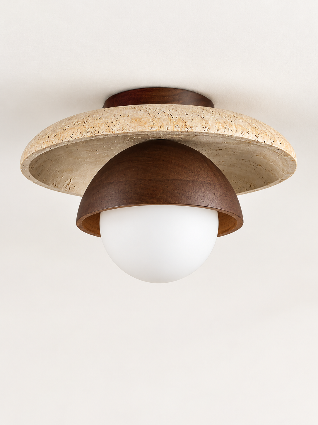 Travertine and Wood Globe Ceiling Light, natural travertine and dark brown wood, shown unlit, image 1