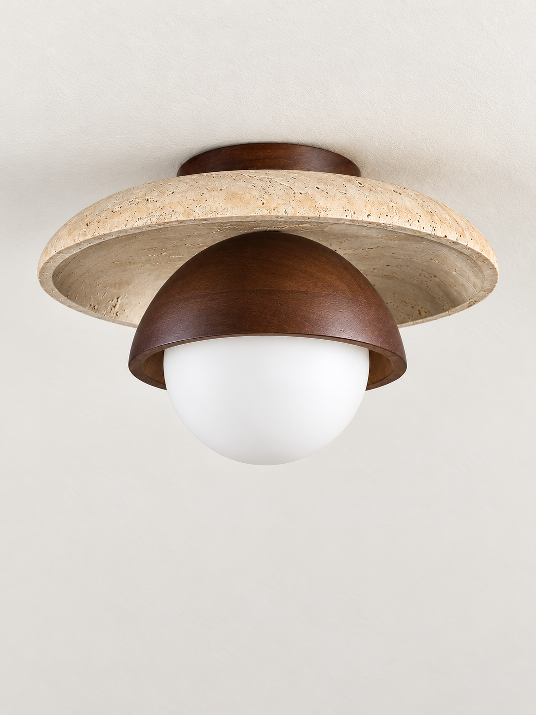 Travertine and Wood Globe Ceiling Light, natural travertine and dark brown wood, shown unlit, image 2