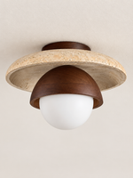 Travertine and Wood Globe Ceiling Light, natural travertine and dark brown wood, shown unlit, image 3