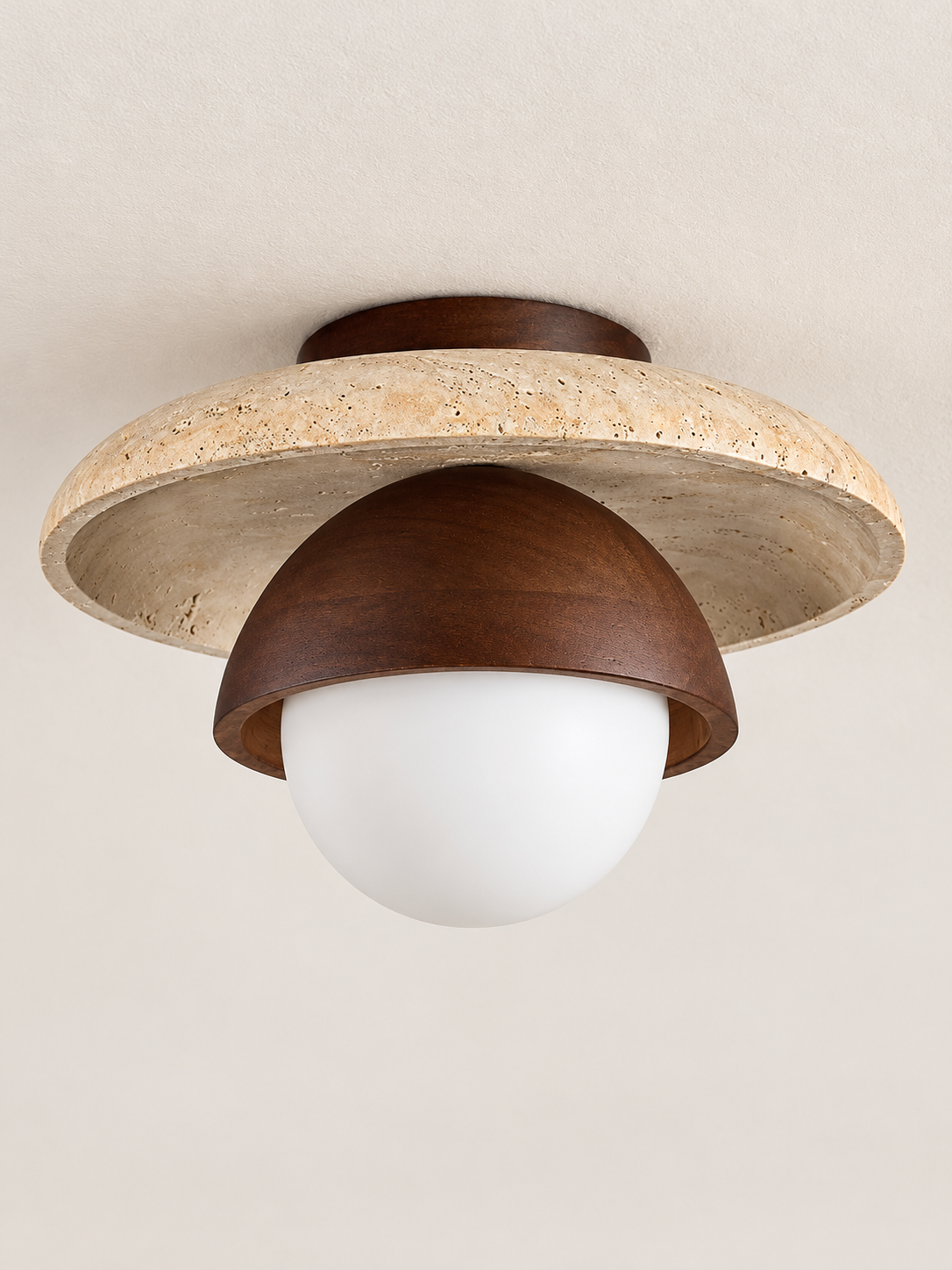 Travertine and Wood Globe Ceiling Light, natural travertine and dark brown wood, shown unlit, image 3