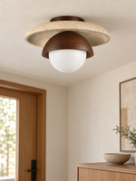 Travertine and Wood Globe Ceiling Light, natural travertine and dark brown wood, shown unlit, image 4