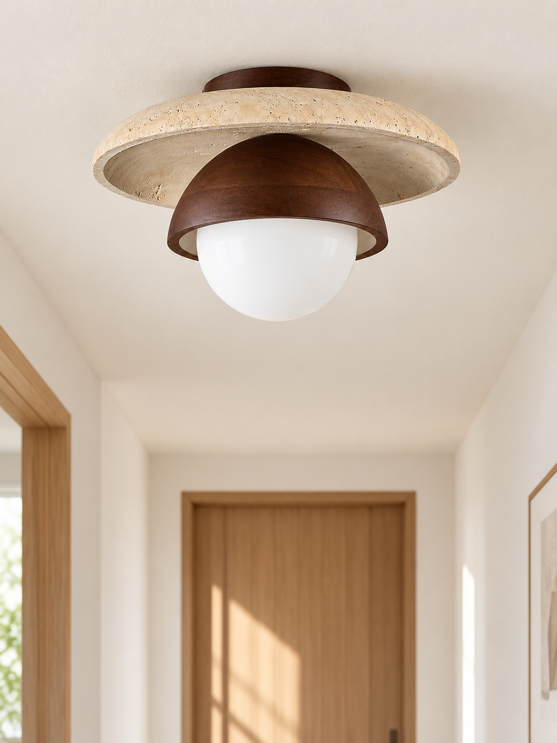 Travertine and Wood Globe Ceiling Light, natural travertine and dark brown wood, shown unlit, image 5