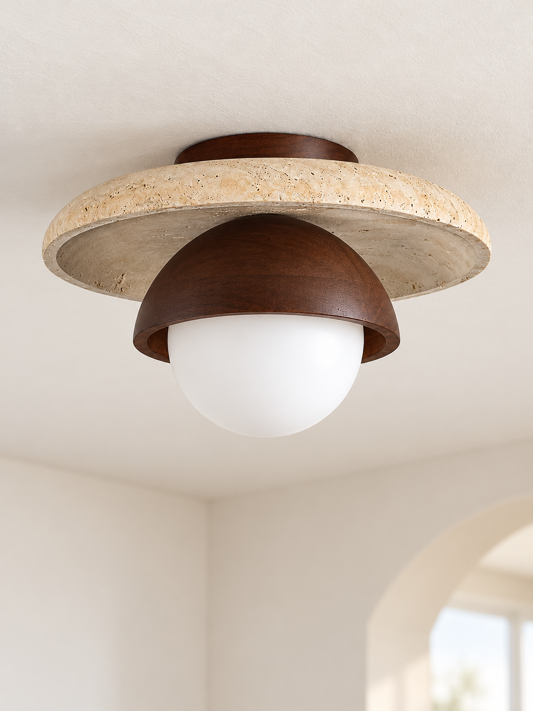 Travertine and Wood Globe Ceiling Light, natural travertine and dark brown wood, shown unlit, image 6