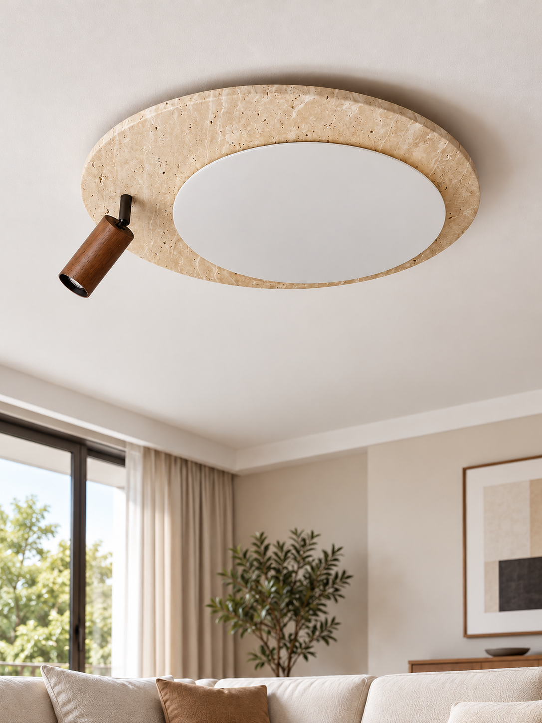 Travertine Ceiling Light with Wood Spotlight — product view