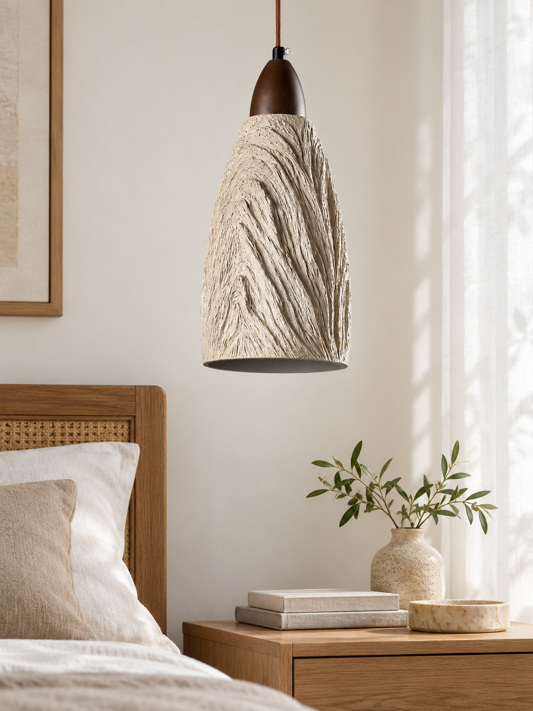 Sculpted Microcement and Wood Pendant — product view