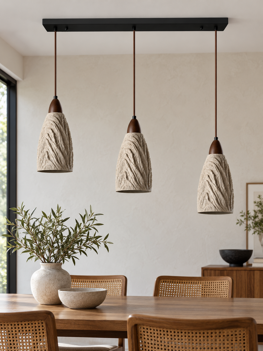 Sculpted Microcement and Wood Pendant — product view