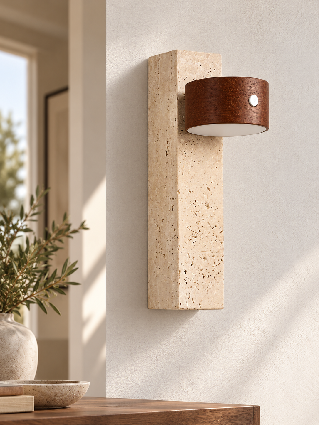 Rechargeable Travertine and Wood Wall Light — product view