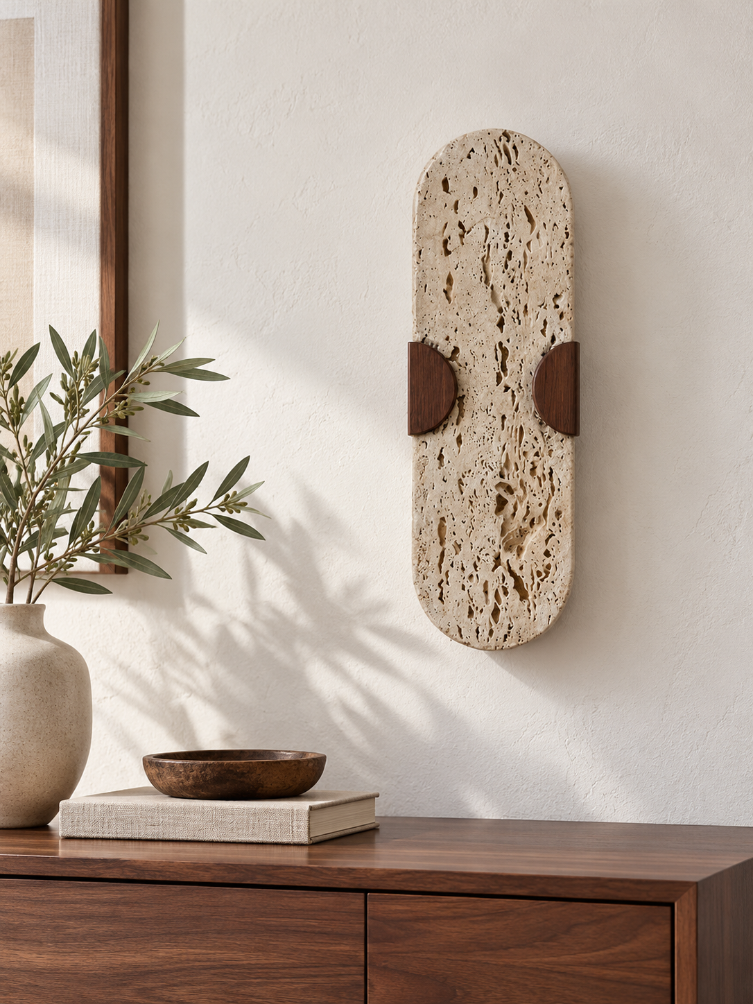 Perforated Travertine and Wood Wall Light — product view