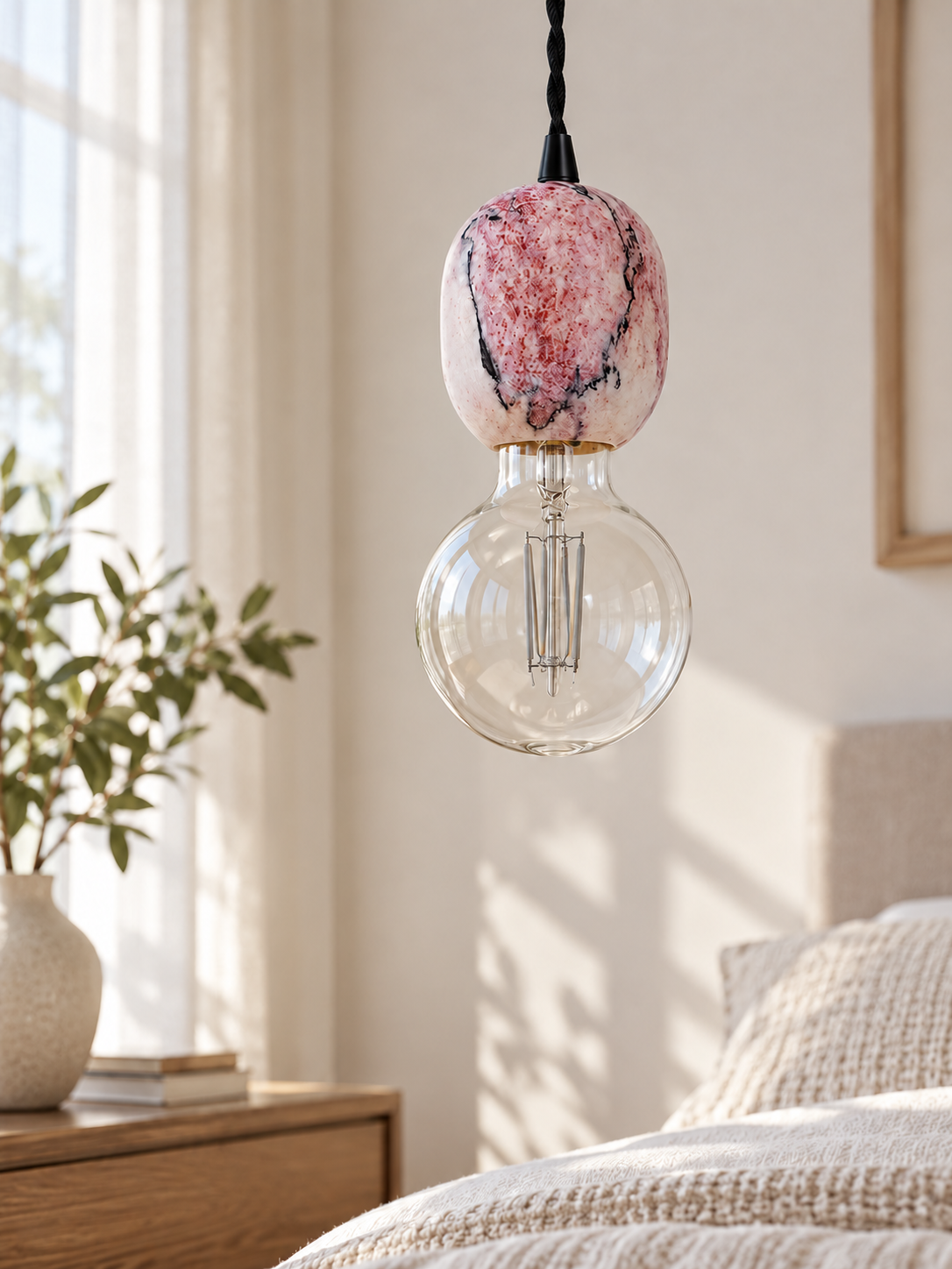 Purple-Veined Stone Exposed-Bulb Pendant — product view