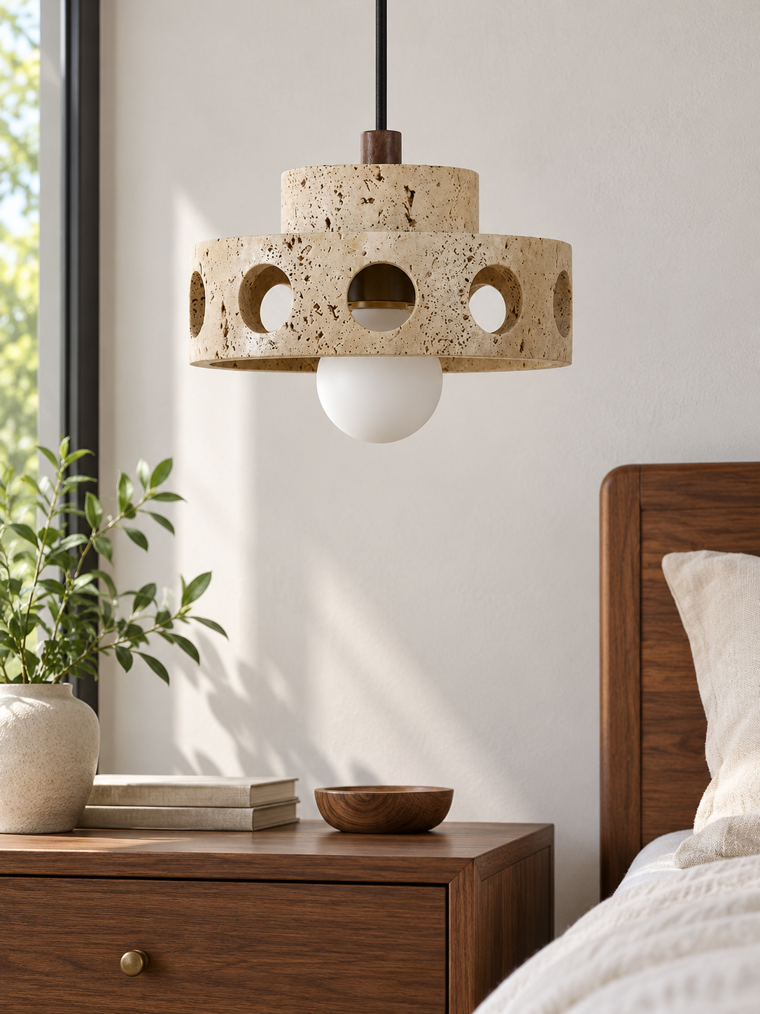 Perforated Travertine Drum Pendant Light — product view