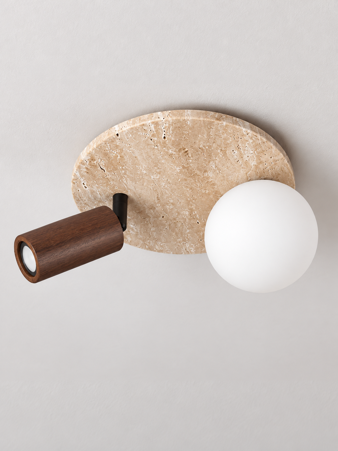 Travertine Globe and Wood Spotlight Ceiling Light — Alternate close product angle