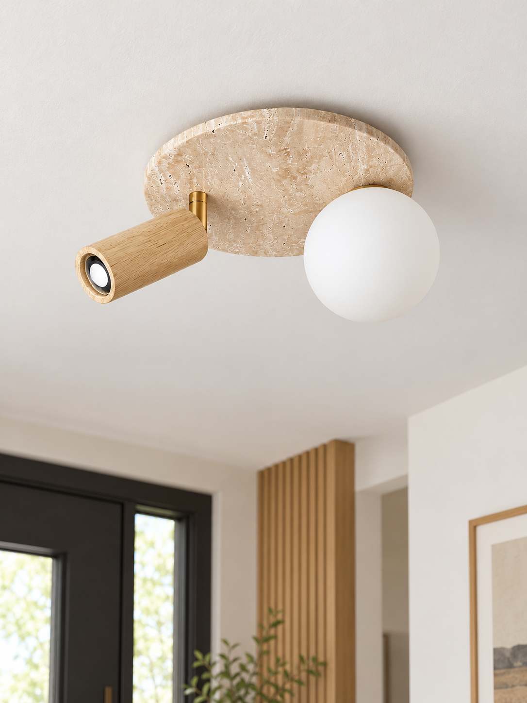 Travertine Globe and Wood Spotlight Ceiling Light — 05_light_scene