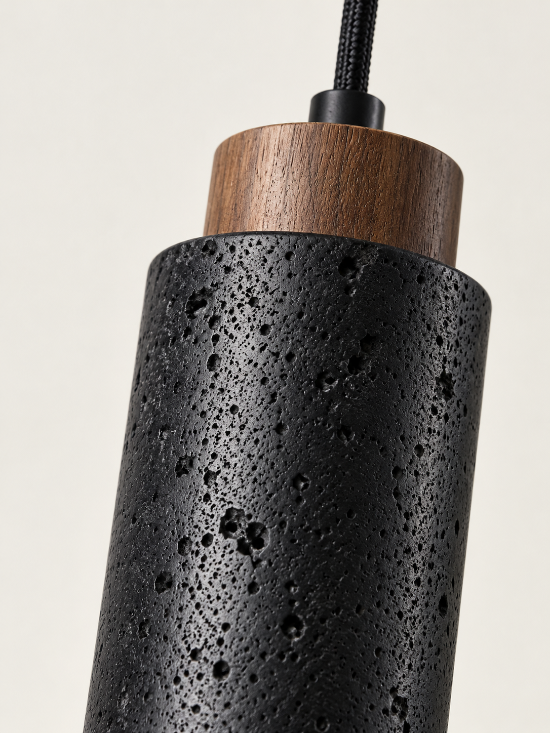 Black Travertine Cylinder Pendant with Wood Accent — 04_detail