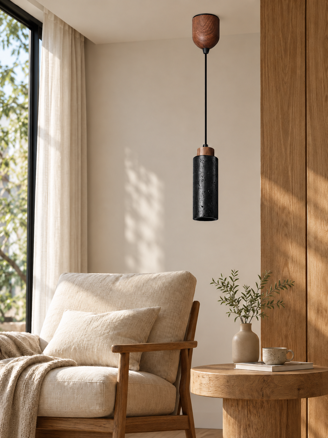 Black Travertine Cylinder Pendant with Wood Accent — 05_lifestyle_off