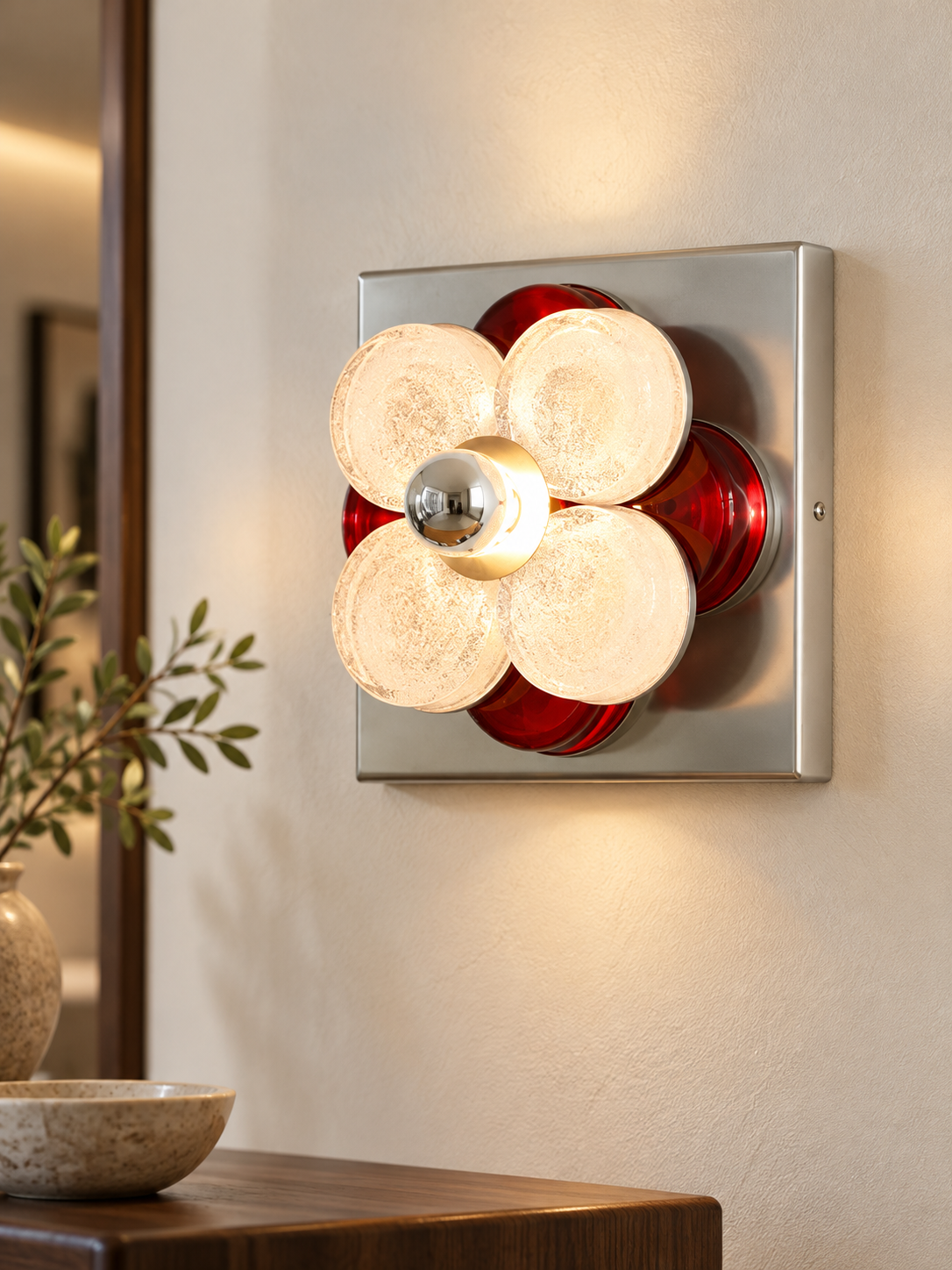 Four Petal Colored Glass Wall Sconce – Ruby Red / Half-Mirror Bulb