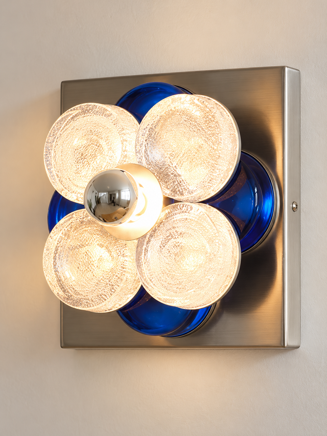 Four Petal Colored Glass Wall Sconce – Sapphire Blue / Half-Mirror Bulb