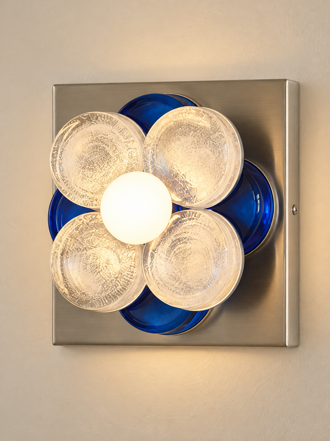 Four Petal Colored Glass Wall Sconce – Sapphire Blue / Opal White Bulb