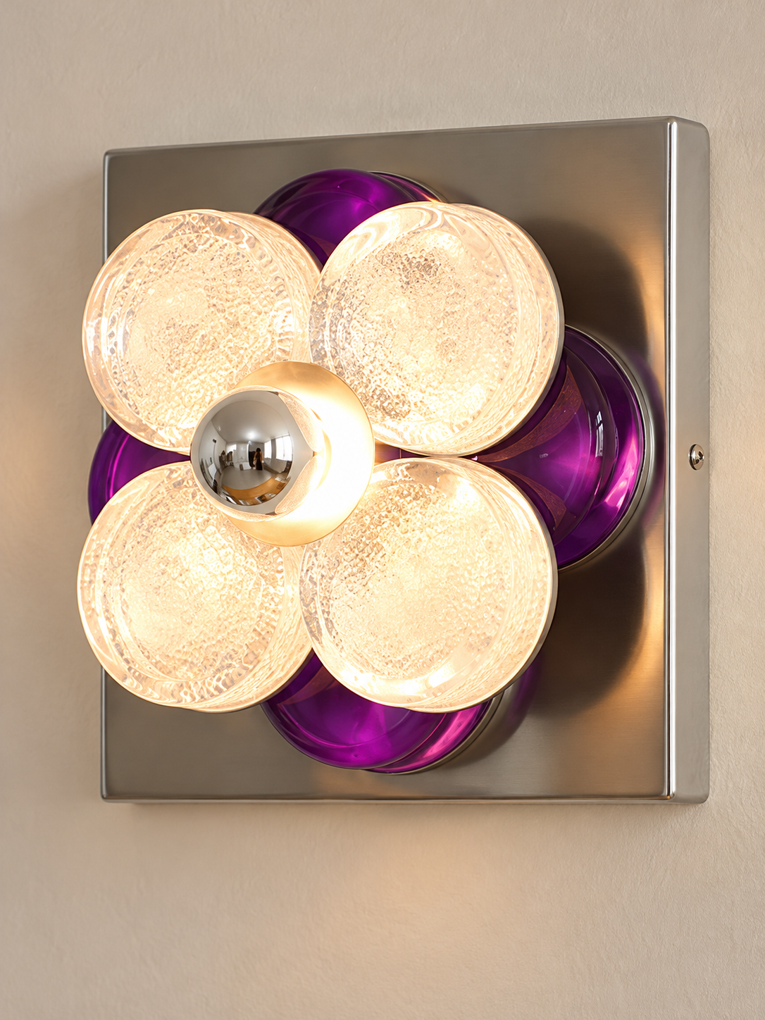 Four Petal Colored Glass Wall Sconce – Purple / Half-Mirror Bulb