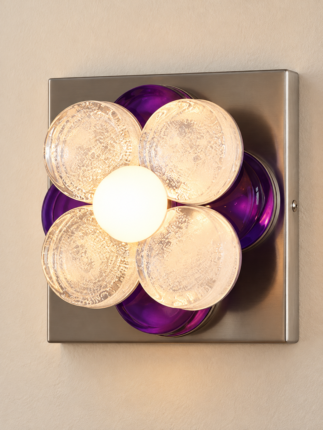 Four Petal Colored Glass Wall Sconce – Purple / Opal White Bulb