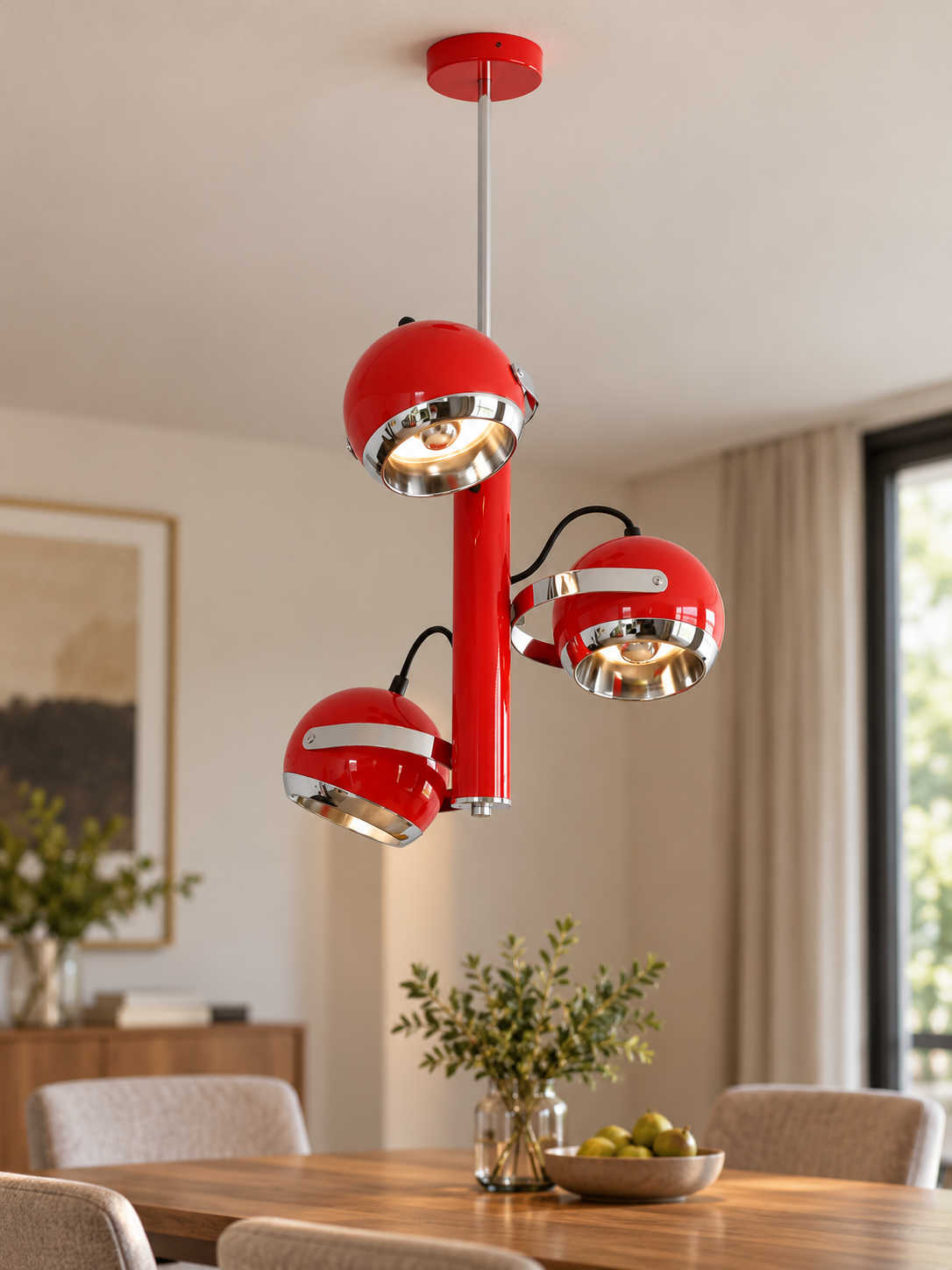 Retro Three Head Chrome Pendant Light – Vertical / Red / Half-Mirror Bulbs