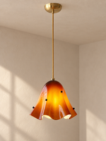 Wavy Bell Glass Pendant Light – Brass / Amber / Beaded