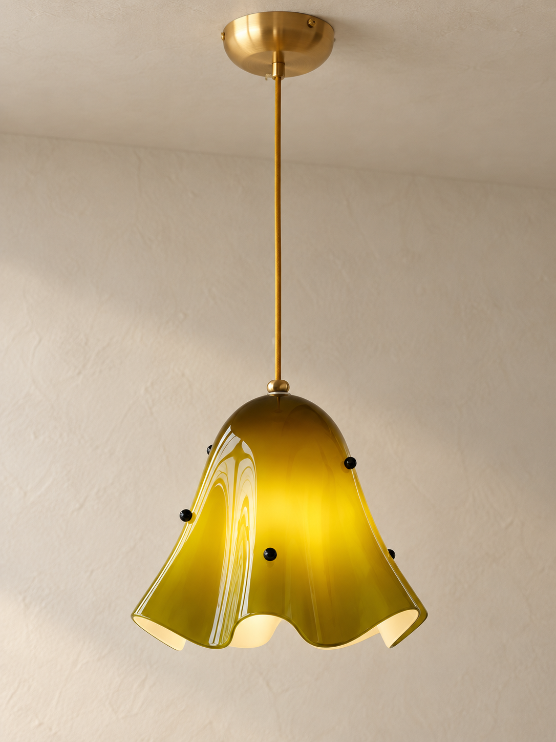 Wavy Bell Glass Pendant Light – Brass / Green / Beaded