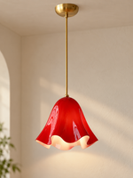 Wavy Bell Glass Pendant Light – Brass / Red / Plain