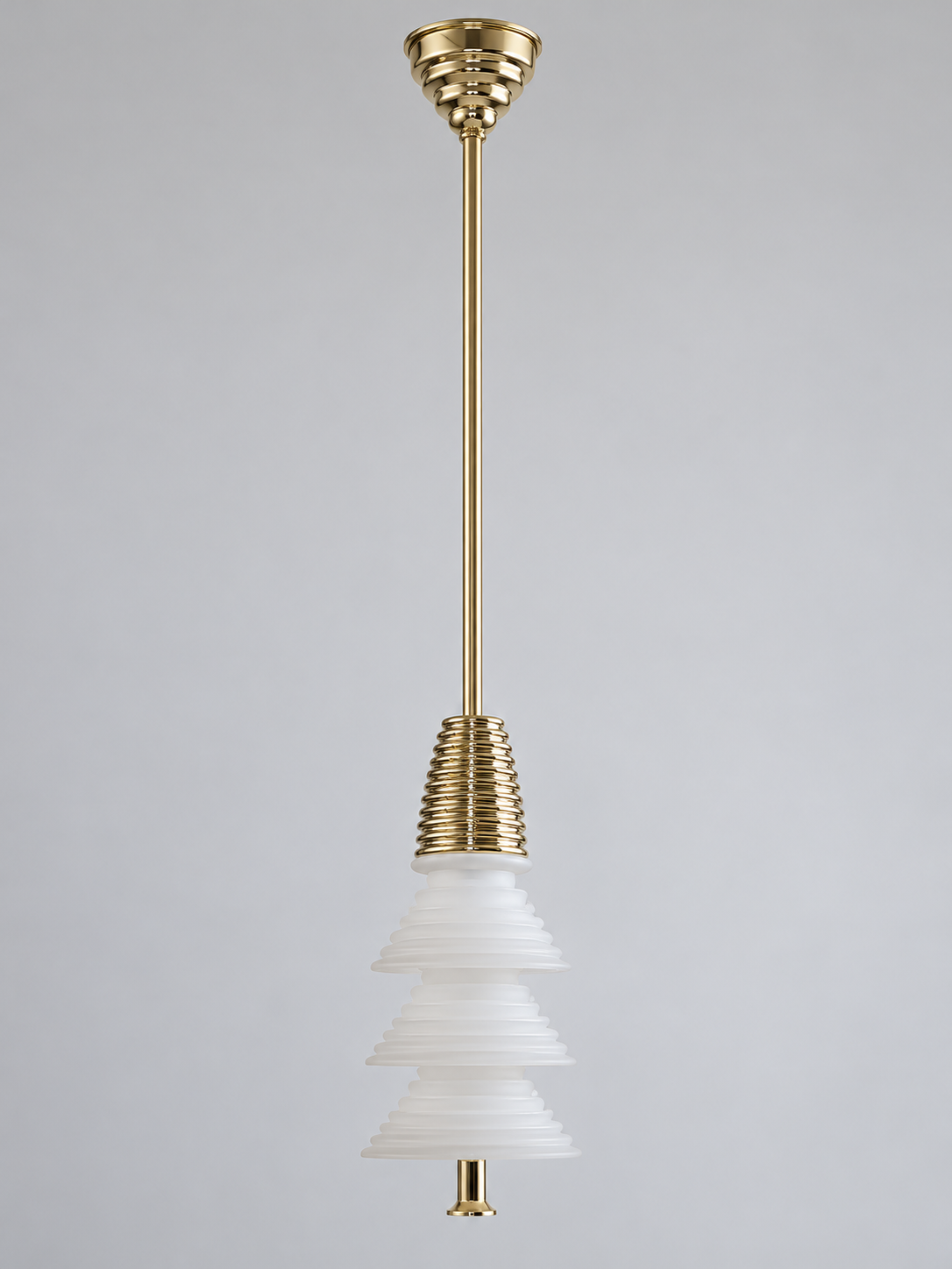 Gold-tone pendant with 3 frosted white acrylic tiers, shown switched off