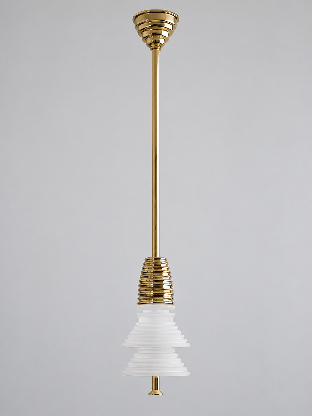 Gold-tone pendant with 2 frosted white acrylic tiers, shown switched off