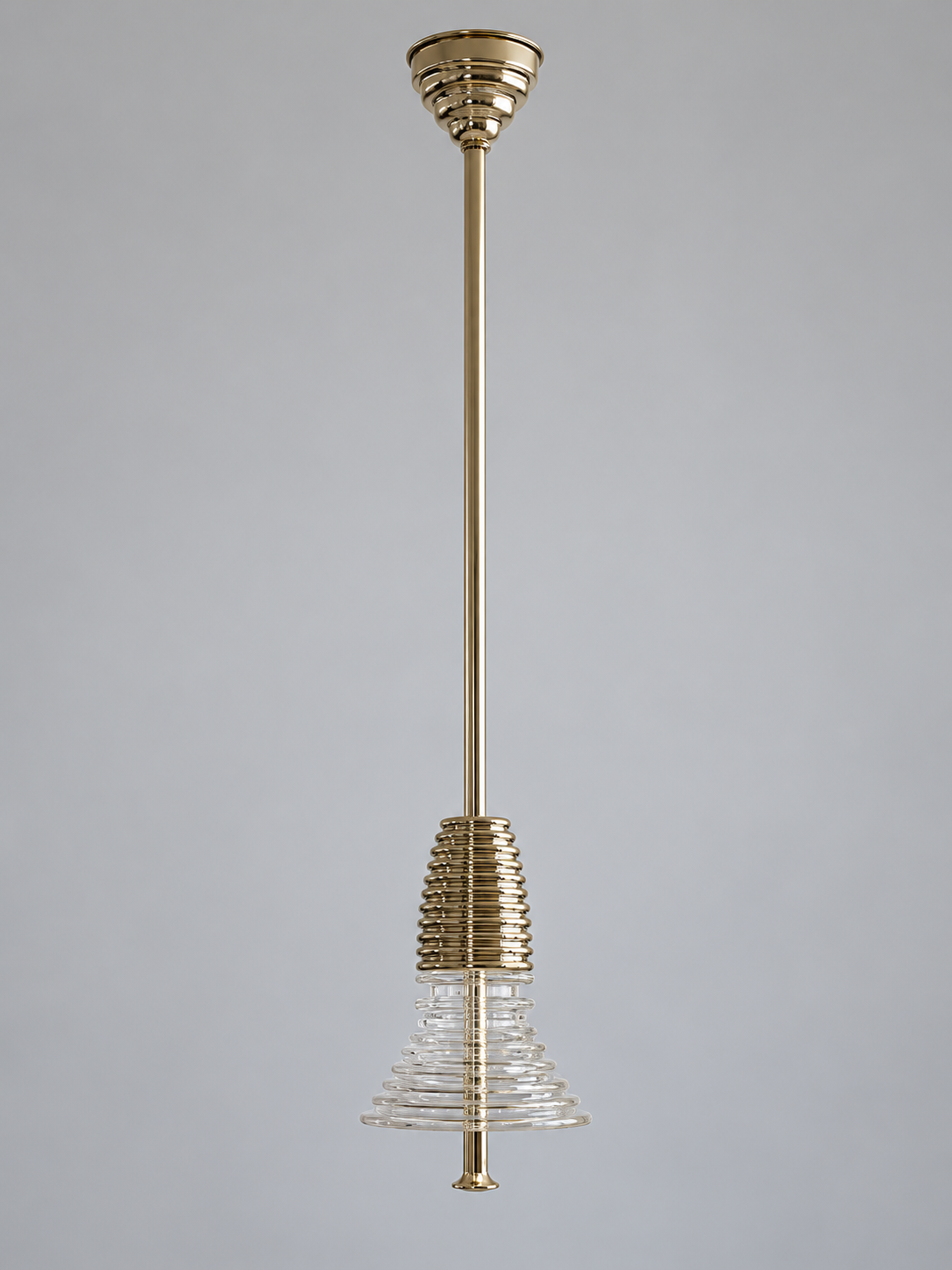 Gold-tone pendant with 1 clear acrylic tier, shown switched off