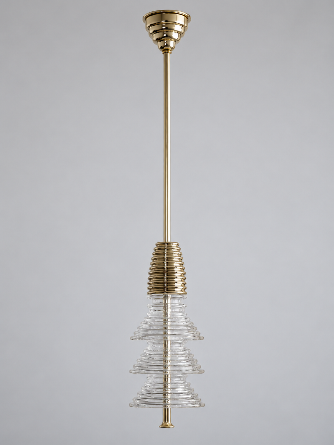 Gold-tone pendant with 3 clear acrylic tiers, shown switched off