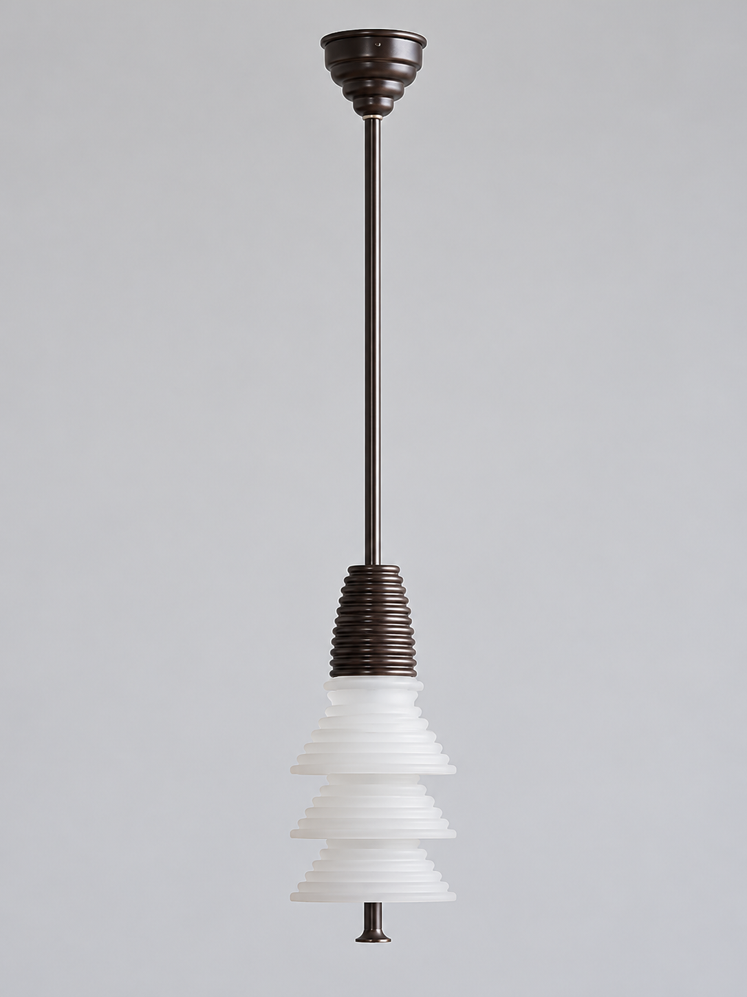 Dark Bronze pendant with 3 frosted white acrylic tiers, shown switched off