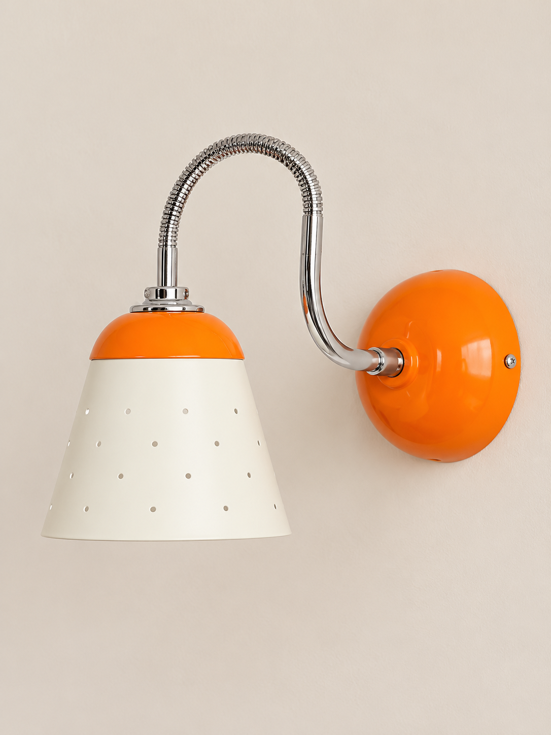 Perforated Cone Gooseneck Wall Sconce – Orange and Chrome – White Shade