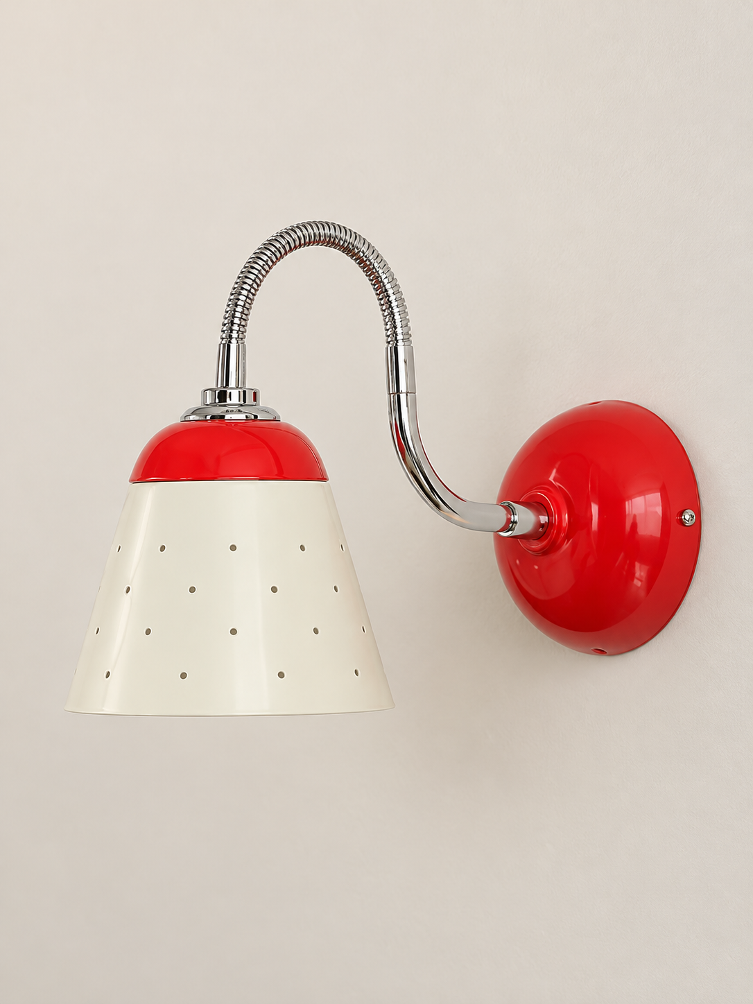 Perforated Cone Gooseneck Wall Sconce – Pomegranate Red and Chrome – White Shade