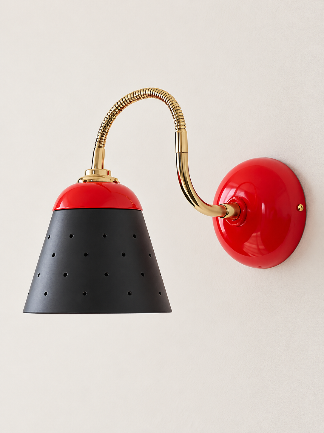 Perforated Cone Gooseneck Wall Sconce – Pomegranate Red and Gold – Black Shade