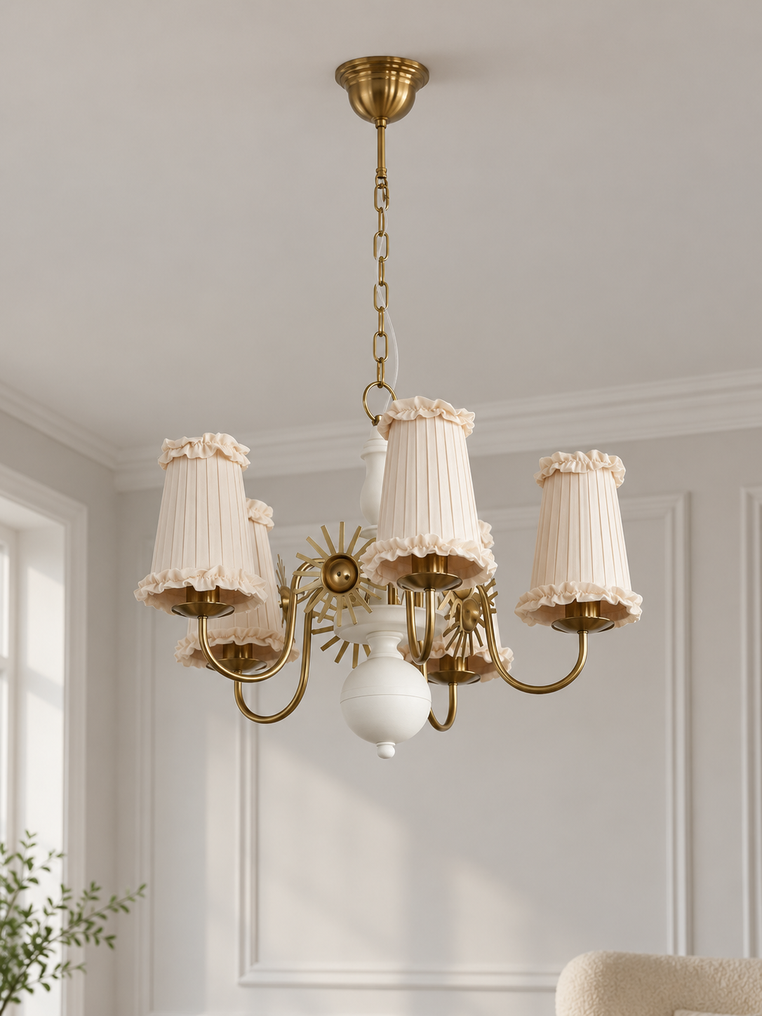Copper-tone and white 5-light chandelier with cream pleated fabric shades and ruffled trim, shown switched off