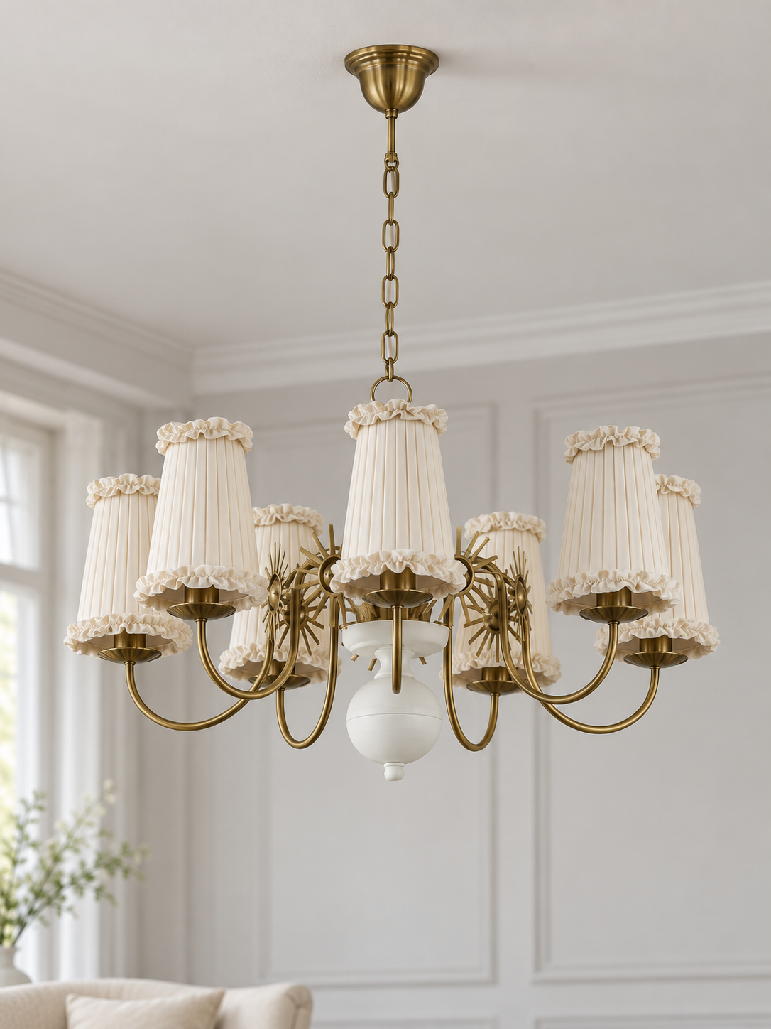 Copper-tone and white 7-light chandelier with cream pleated fabric shades and ruffled trim, shown switched off
