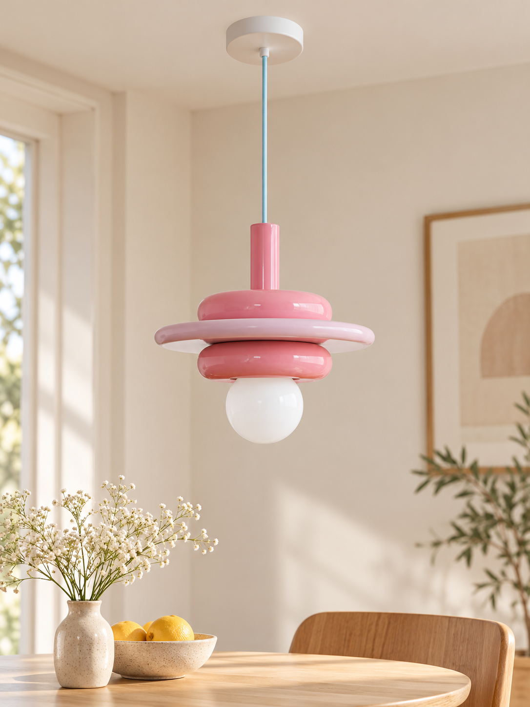 Colorful Stacked Disc Pendant Light – A – Pink and White