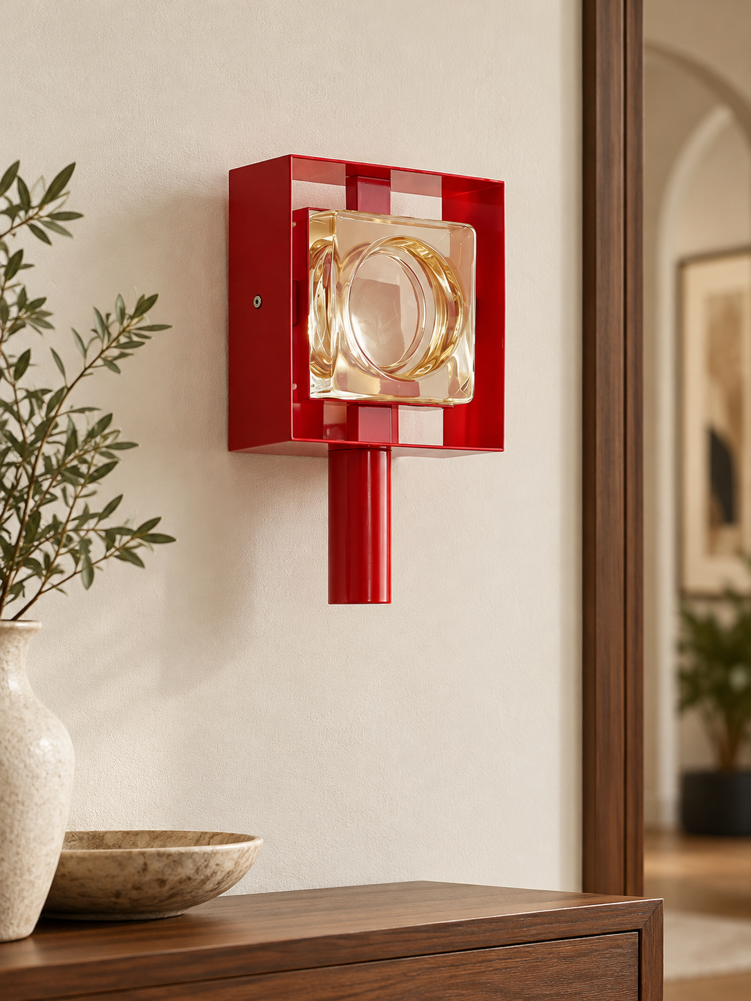 Red Frame Colored Glass Wall Sconce – Red Frame – Amber Glass