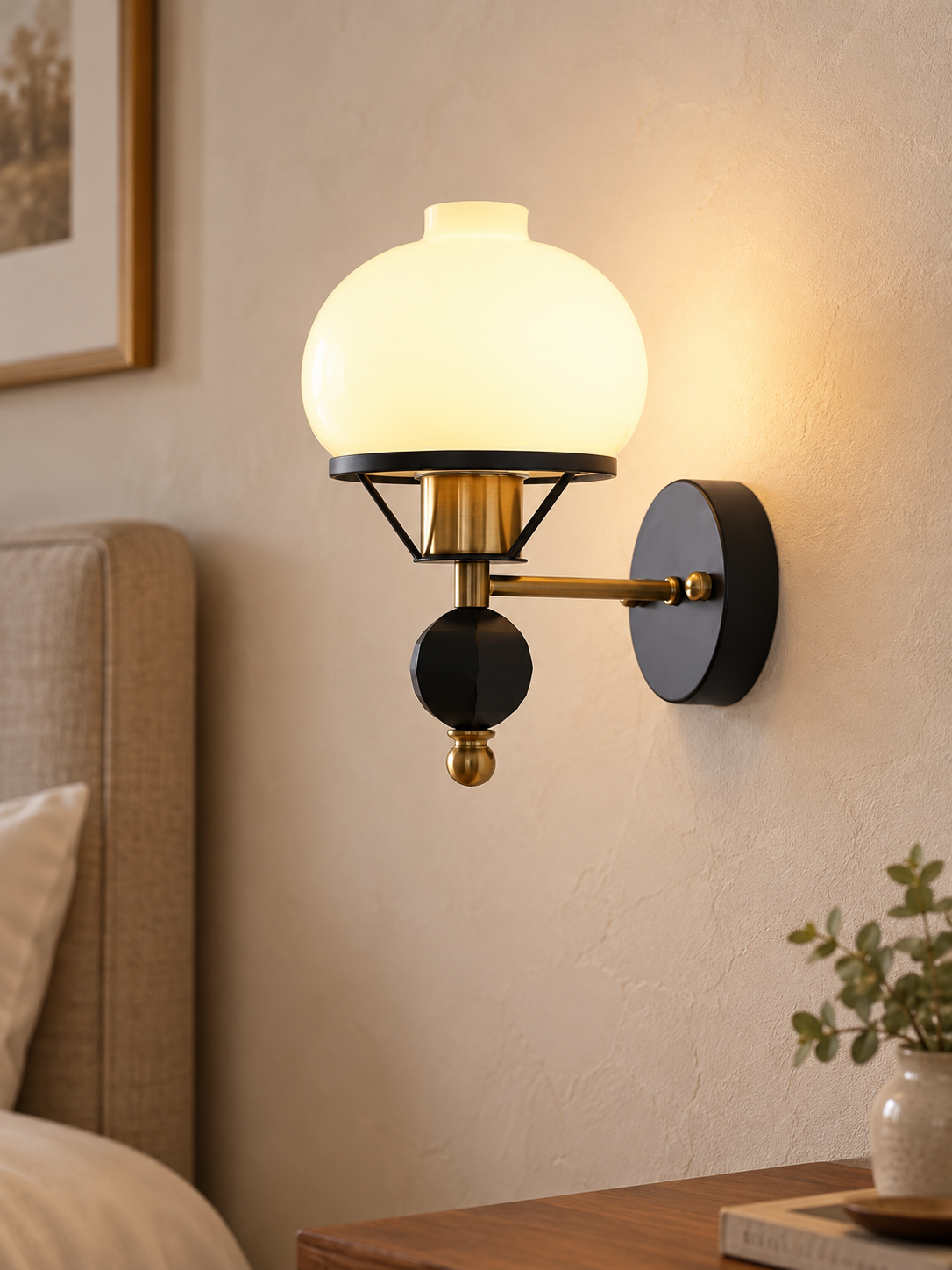 Opal Glass Wall Sconce with Decorative Finial – Faceted Finial / Hardwired