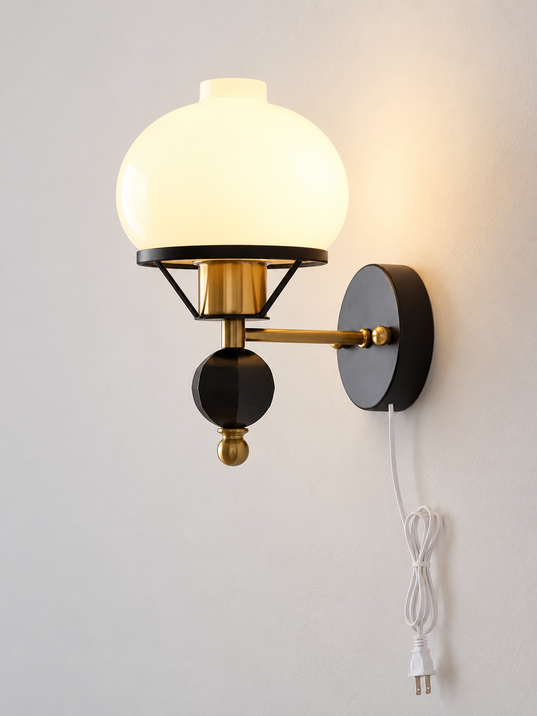 Opal Glass Wall Sconce with Decorative Finial – Faceted Finial / Plug-In