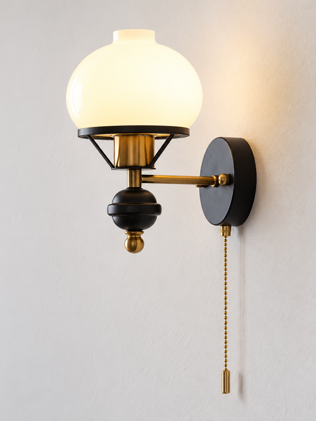 Opal Glass Wall Sconce with Decorative Finial – Bell Finial / Pull-Chain Switch