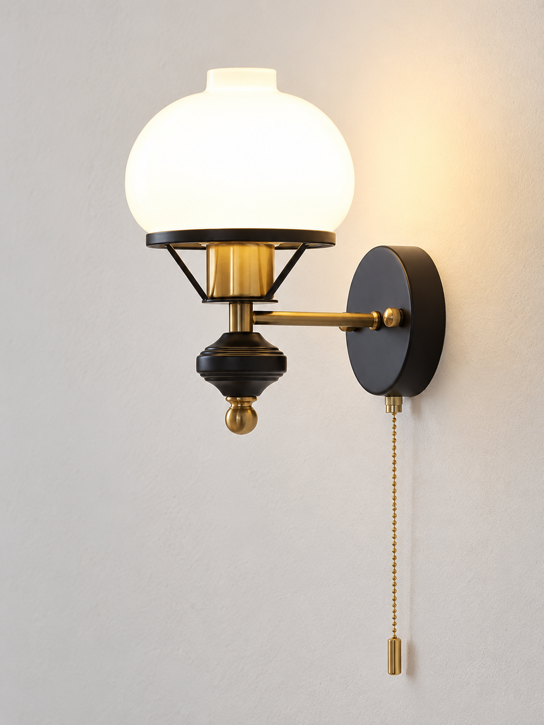 Opal Glass Wall Sconce with Decorative Finial – Ribbed Finial / Pull-Chain Switch