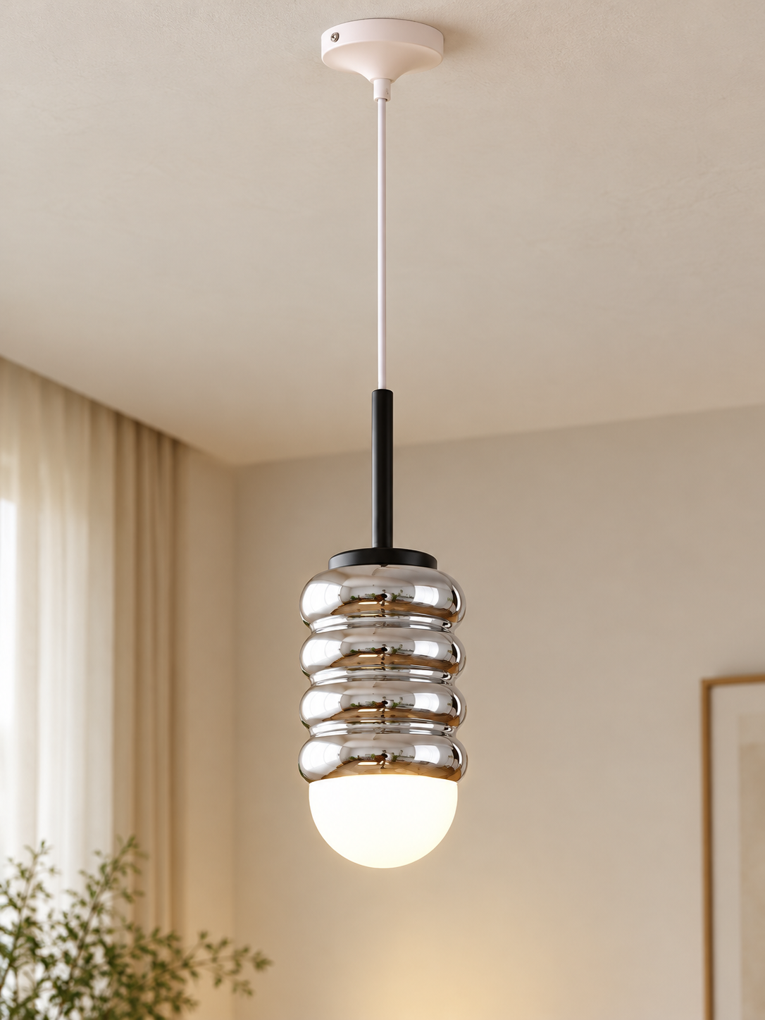 Ribbed Cylinder Mini Pendant Light – Black Stem / Chrome Body